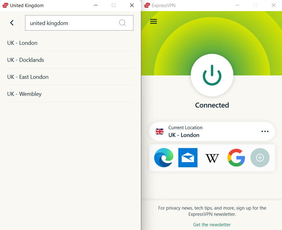 image showing connection set to to ExpressVPN UK (london) server