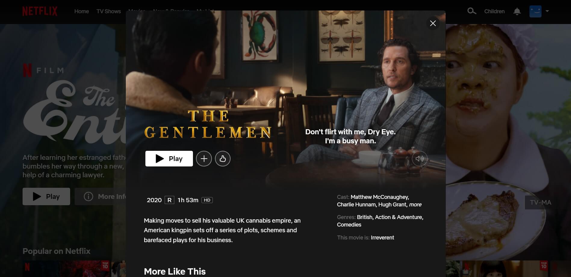 image showing The Gentlemen movie's thumbnail on Netflix US