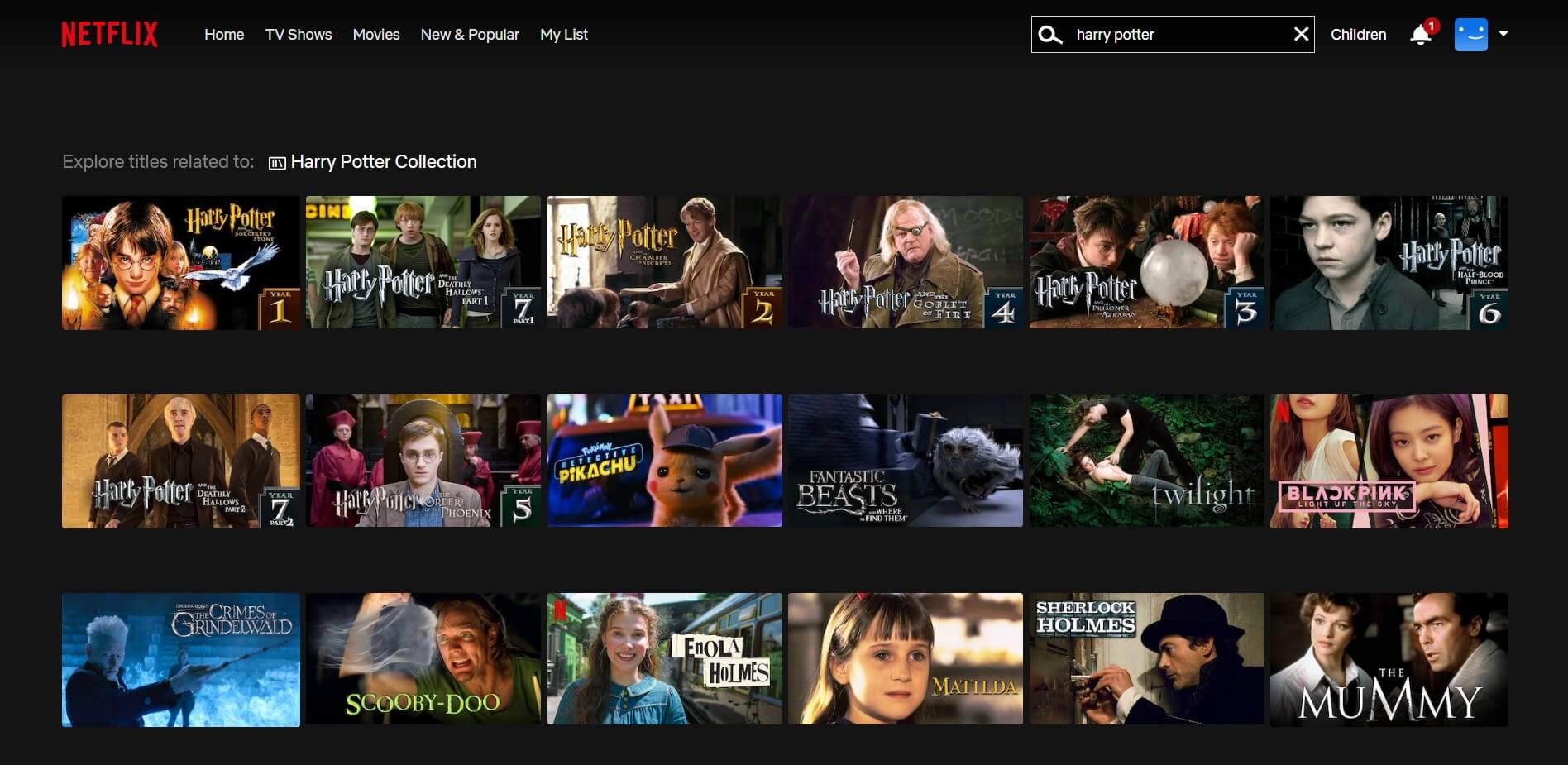 screenshot of Harry Potter movies available on Netflix Turkey