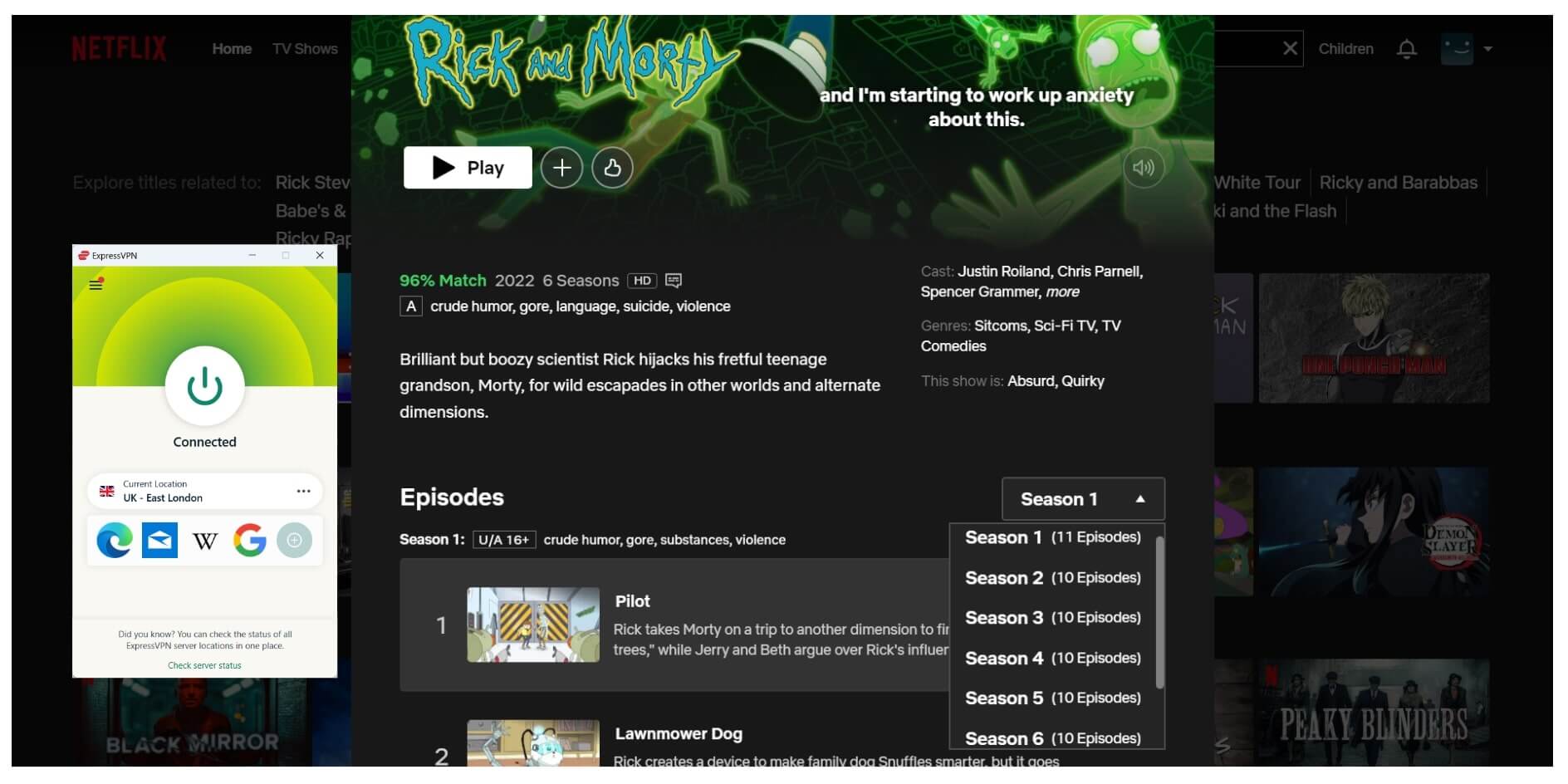 screenshot that shows Netflix UK has all the episodes of Rick and Morty