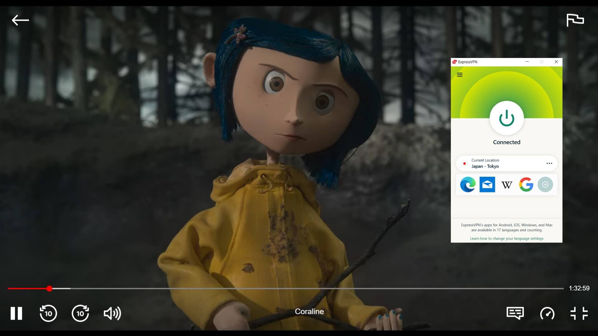 a screenshot of Coraline streaming on Netflix Japan while connected to ExpressVPN