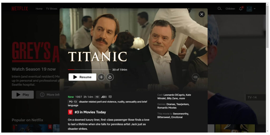 An image that shows Titanic is available on Netflix